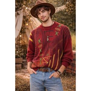 Vintage Borderline Knit 90s Abstract Geometric Sweater Red Wool Blend